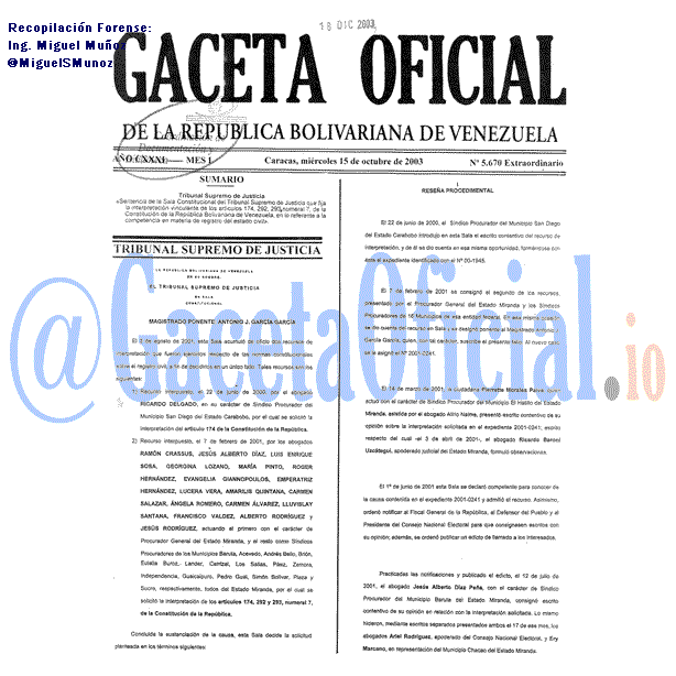 Gaceta Oficial 5670 del 15 Octubre 2003
