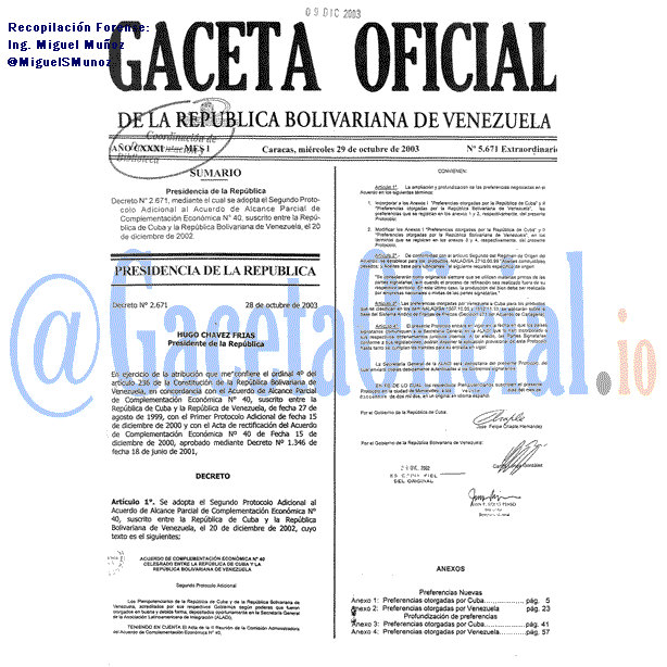 Gaceta Oficial 5671 del 29 Octubre 2003