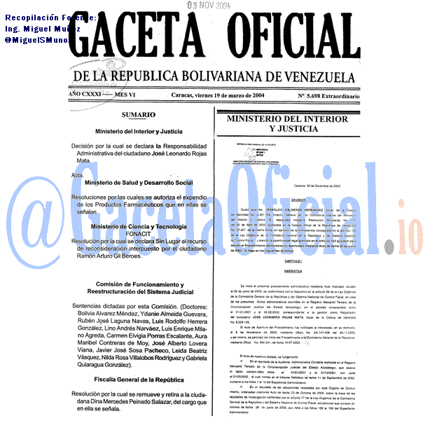 Gaceta Oficial 5698 del 19 Marzo 2004