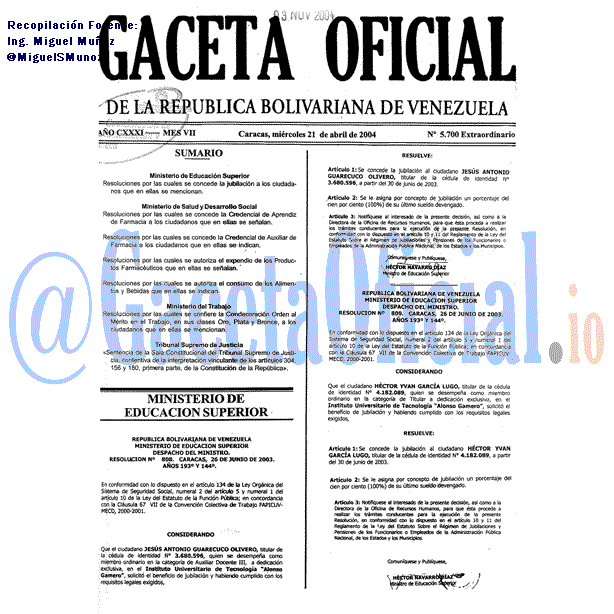 Gaceta Oficial 5700 del 21 Abril 2004