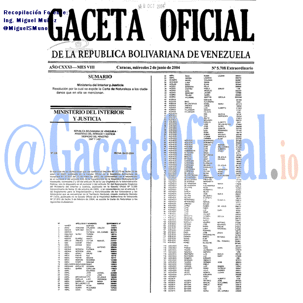 Gaceta Oficial 5708 del 2 Junio 2004