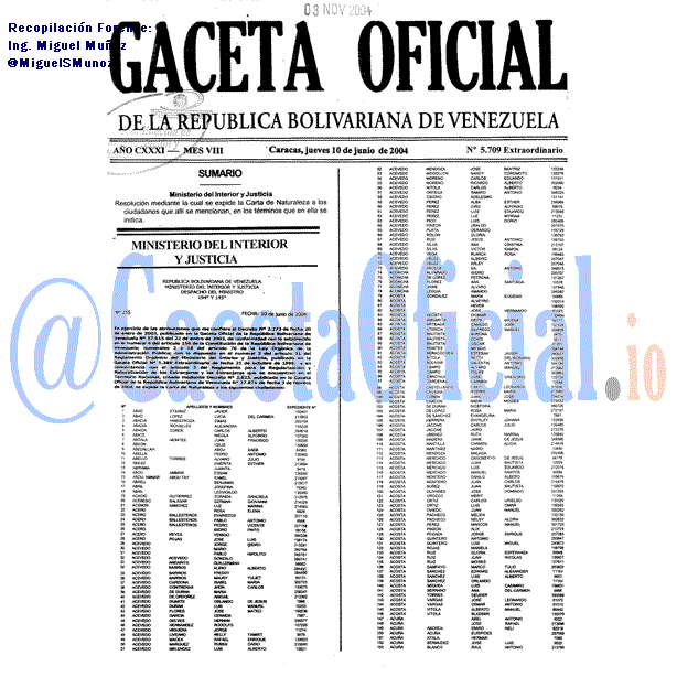 Gaceta Oficial 5709 del 10 Junio 2004