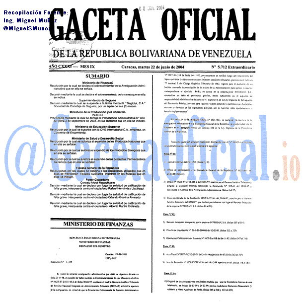 Gaceta Oficial 5712 del 22 Junio 2004