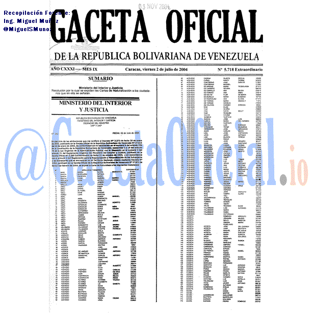 Gaceta Oficial 5718 del 2 Julio 2004