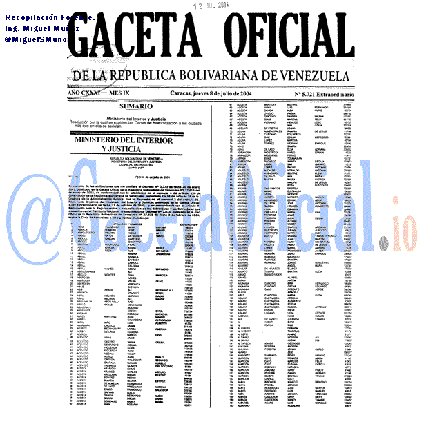 Gaceta Oficial 5721 del 8 Julio 2004