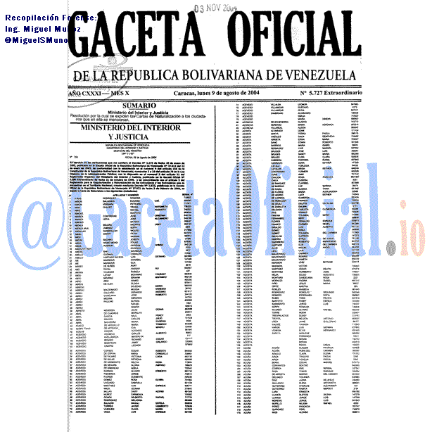 Gaceta Oficial 5727 del 9 Agosto 2004