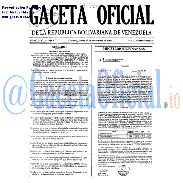 Gaceta Oficial 5738 del 25 Noviembre 2004