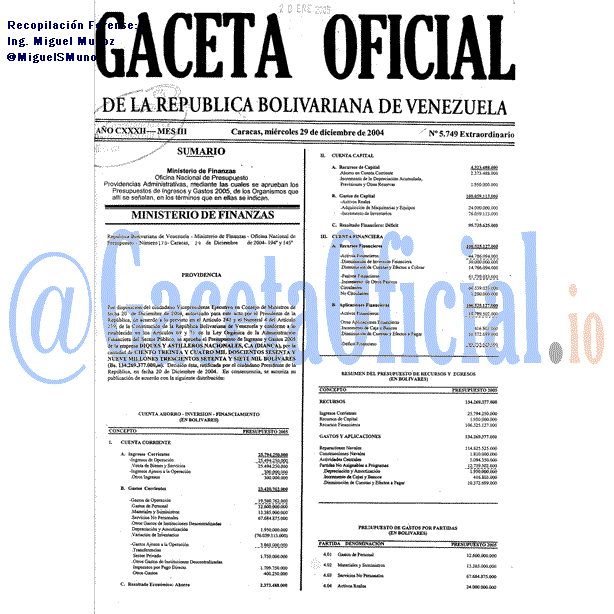 Gaceta Oficial 5749 del 29 Diciembre 2004