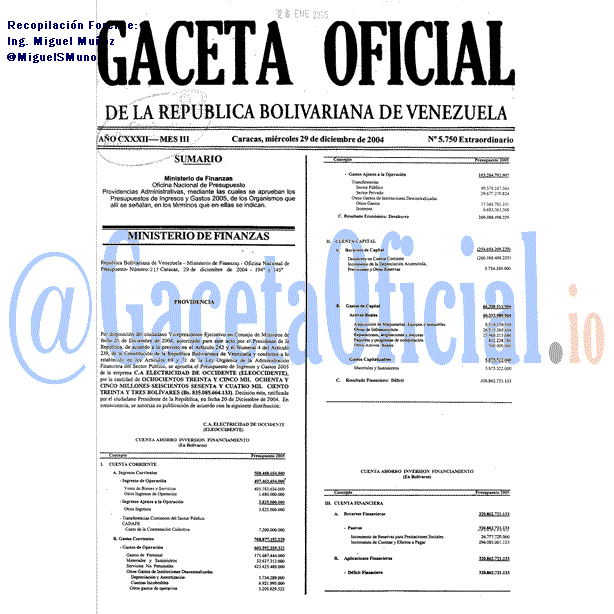 Gaceta Oficial 5750 del 29 Diciembre 2004