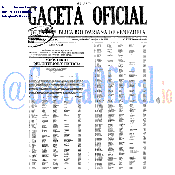 Gaceta Oficial 5775 del 29 Junio 2005