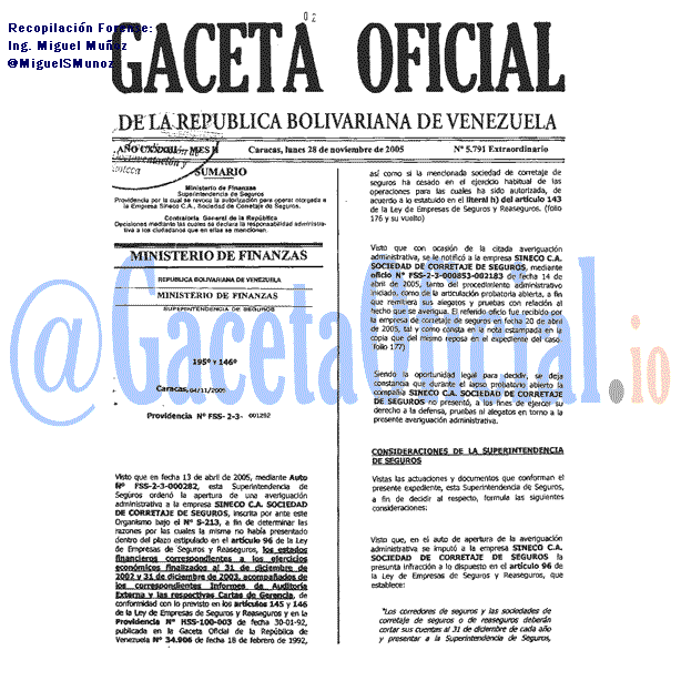 Gaceta Oficial 5791 del 28 Noviembre 2005