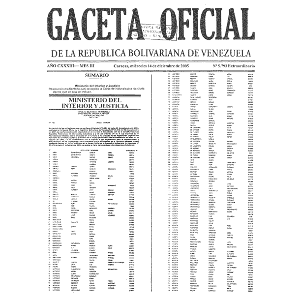 Gaceta Oficial 5793 del 14 Diciembre 2005
