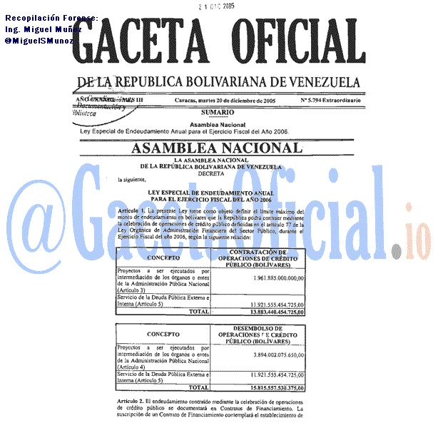 Gaceta Oficial 5794 del 20 Diciembre 2005