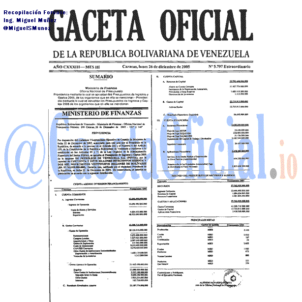 Gaceta Oficial 5797 del 26 Diciembre 2005