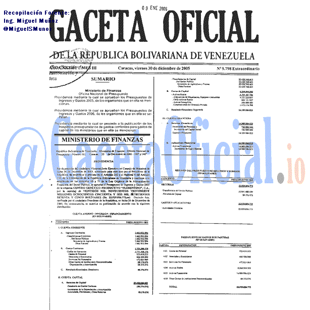Gaceta Oficial 5798 del 30 Diciembre 2005