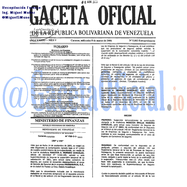 Gaceta Oficial 5802 del 8 Marzo 2006