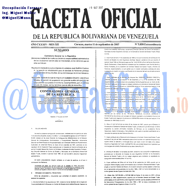Gaceta Oficial 5850 del 11 Septiembre 2007