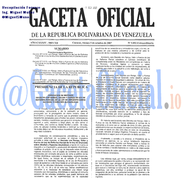 Gaceta Oficial 5852 del 5 Octubre 2007