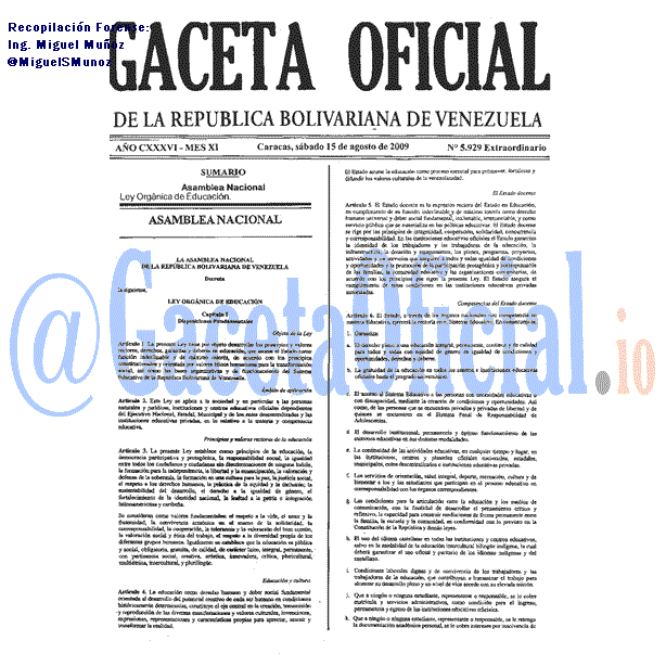 Gaceta Oficial 5929 del 15 Agosto 2009
