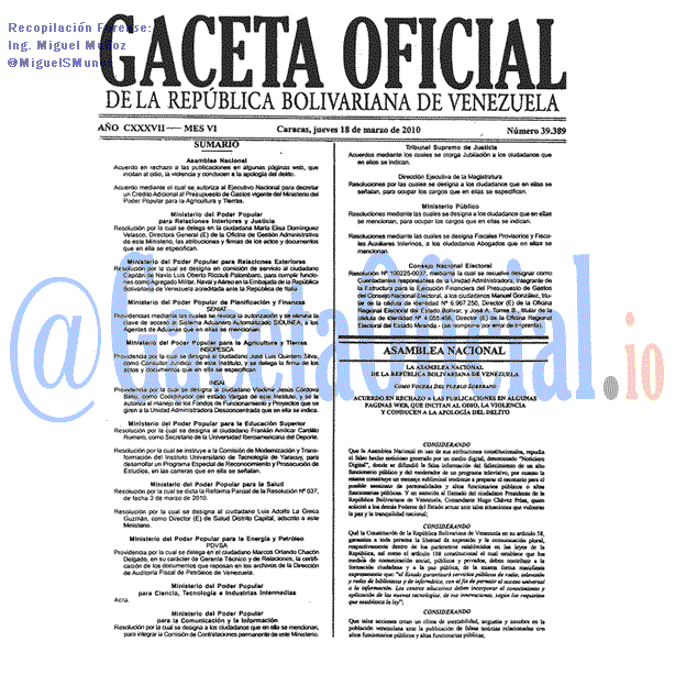 Gaceta Oficial 39389 del 18 Marzo 2010