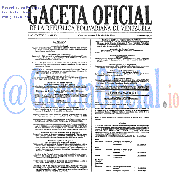 Gaceta Oficial 39397 del 6 Abril 2010