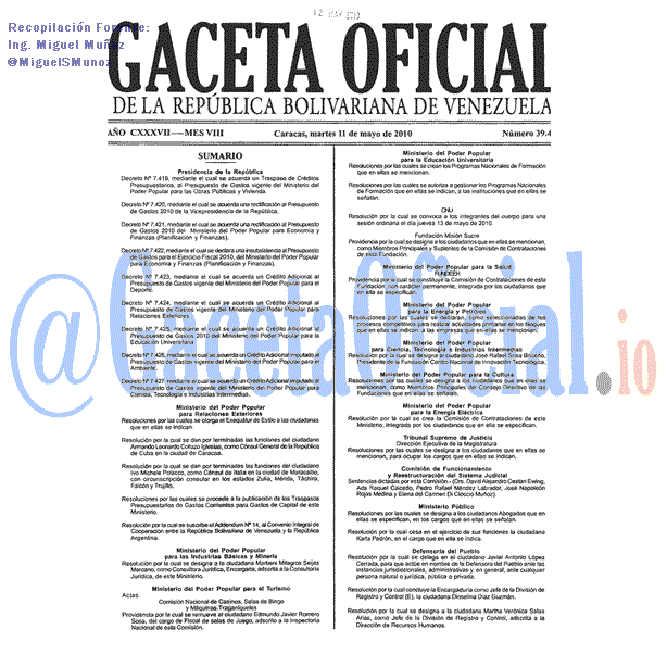 Gaceta Oficial 39421 del 11 Mayo 2010