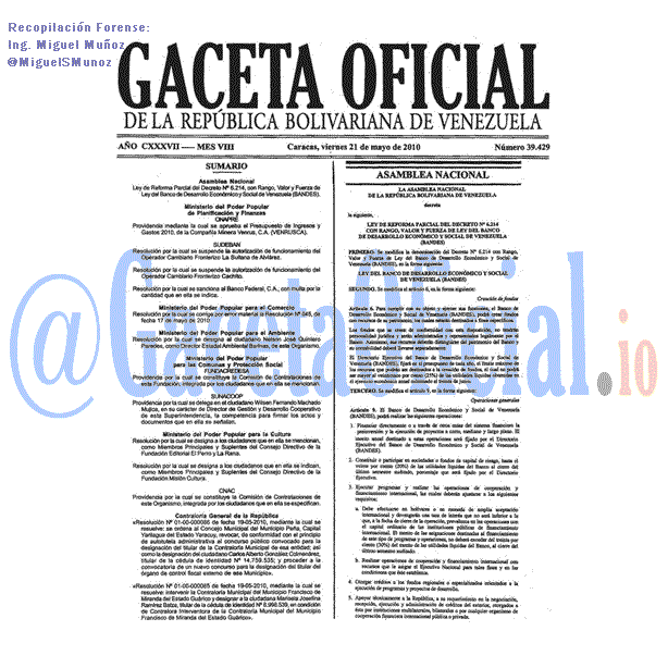 Gaceta Oficial 39429 del 21 Mayo 2010
