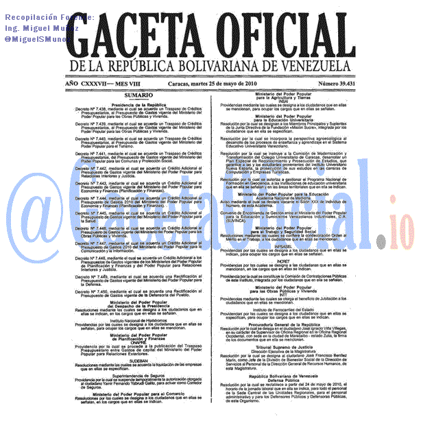 Gaceta Oficial 39431 del 25 Mayo 2010