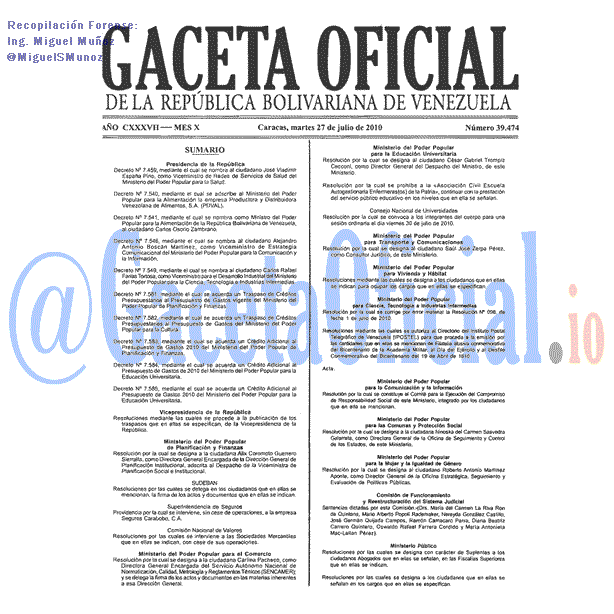 Gaceta Oficial 39474 del 27 Julio 2010