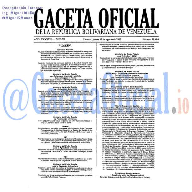 Gaceta Oficial 39486 del 12 Agosto 2010
