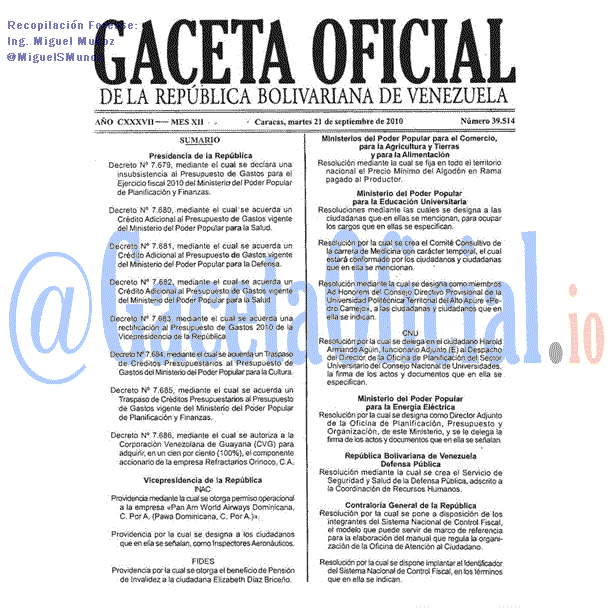 Gaceta Oficial 39514 del 21 Septiembre 2010