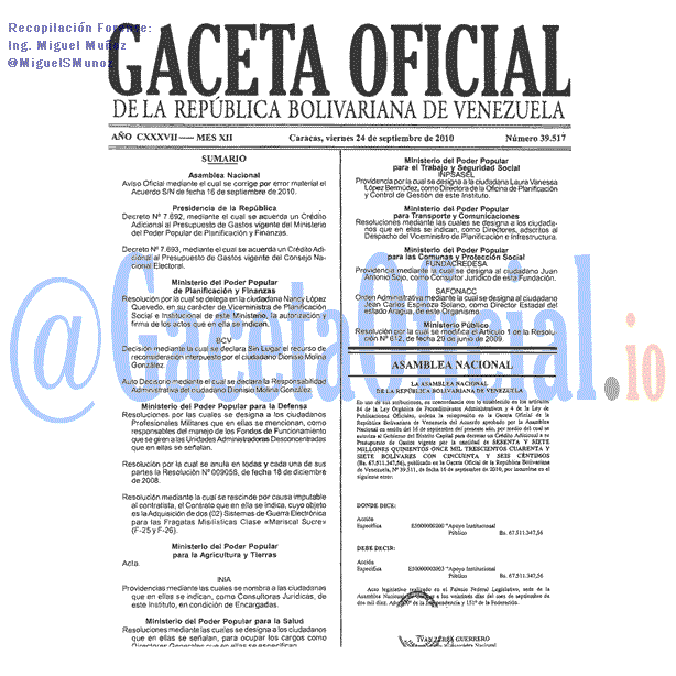Gaceta Oficial 39517 del 24 Septiembre 2010