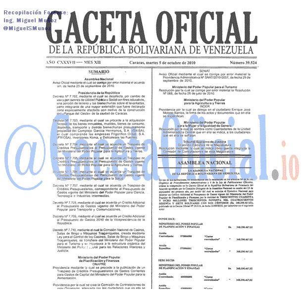 Gaceta Oficial 39524 del 5 Octubre 2010