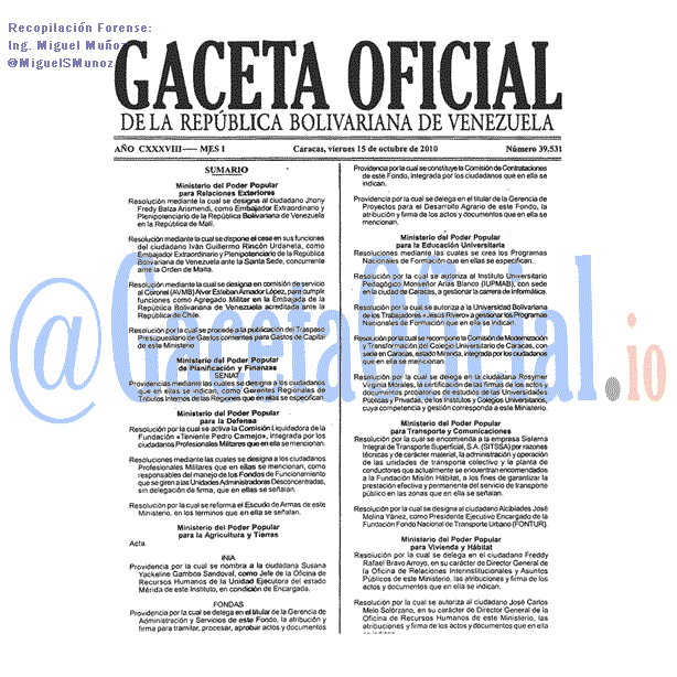 Gaceta Oficial 39531 del 15 Octubre 2010