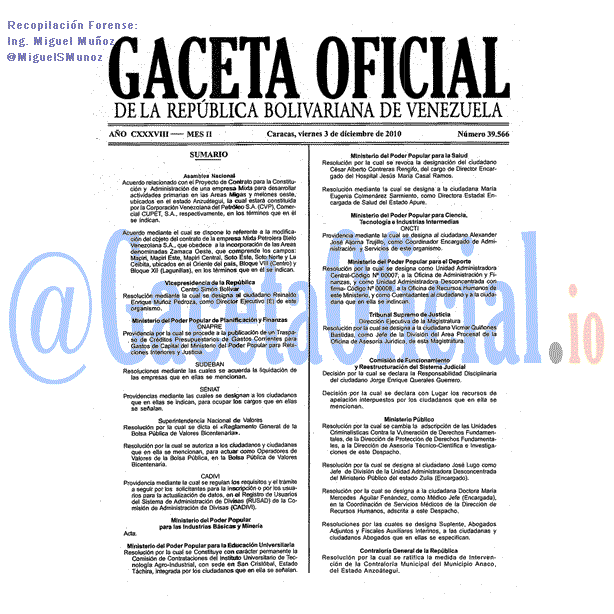 Gaceta Oficial 39566 del 3 Diciembre 2010