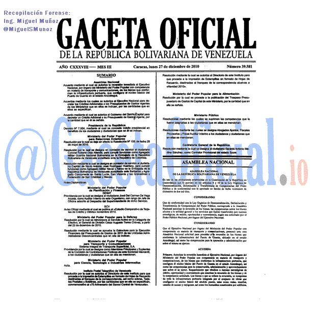 Gaceta Oficial 39581 del 27 Diciembre 2010
