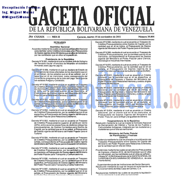 Gaceta Oficial 39800 del 15 Noviembre 2011