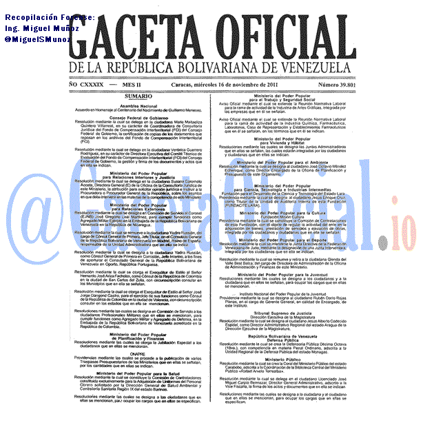 Gaceta Oficial 39801 del 16 Noviembre 2011