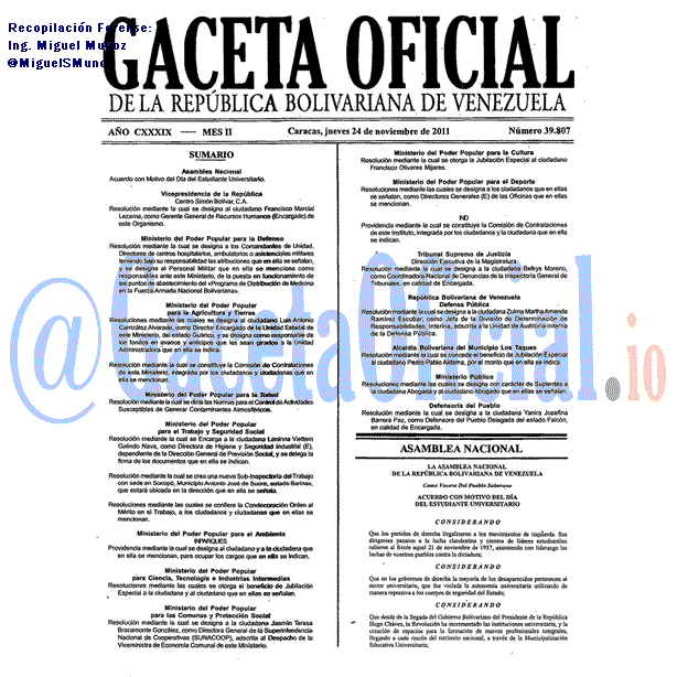 Gaceta Oficial 39807 del 24 Noviembre 2011