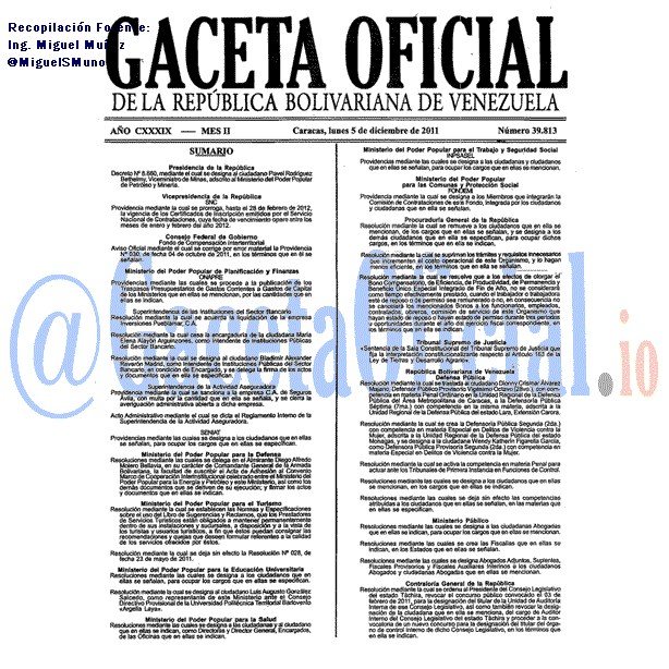 Gaceta Oficial 39813 del 5 Diciembre 2011