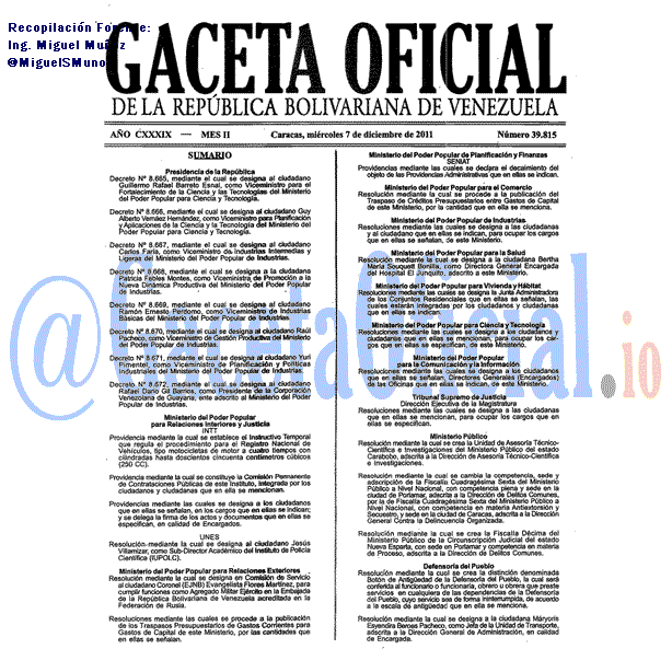 Gaceta Oficial 39815 del 7 Diciembre 2011
