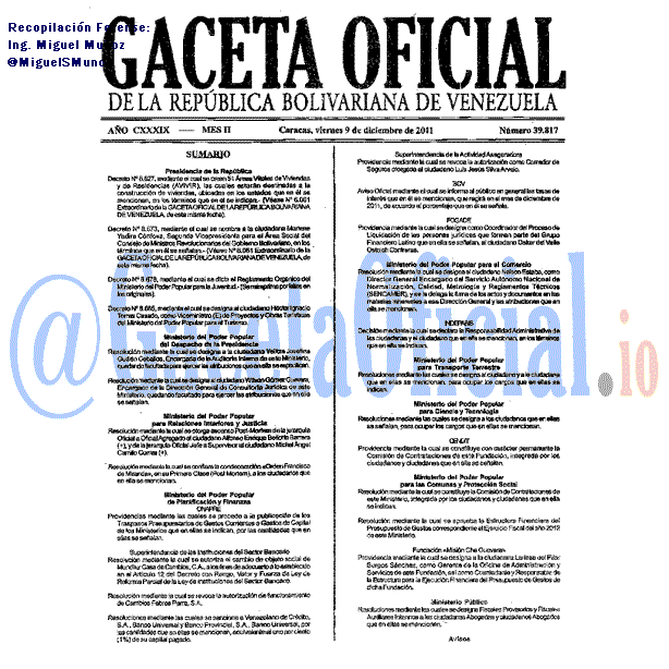 Gaceta Oficial 39817 del 9 Diciembre 2011