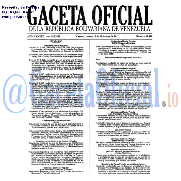 Gaceta Oficial 39819 del 13 Diciembre 2011