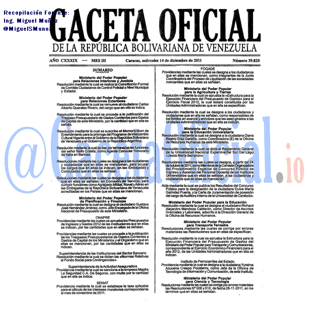 Gaceta Oficial 39820 del 14 Diciembre 2011