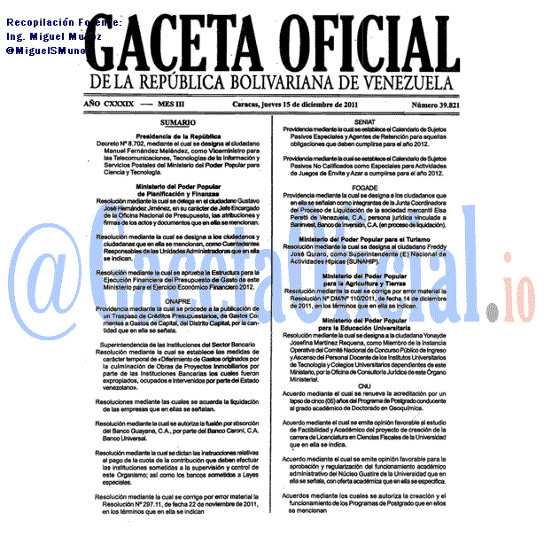 Gaceta Oficial 39821 del 15 Diciembre 2011
