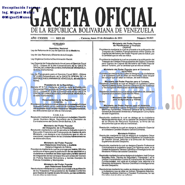 Gaceta Oficial 39823 del 19 Diciembre 2011