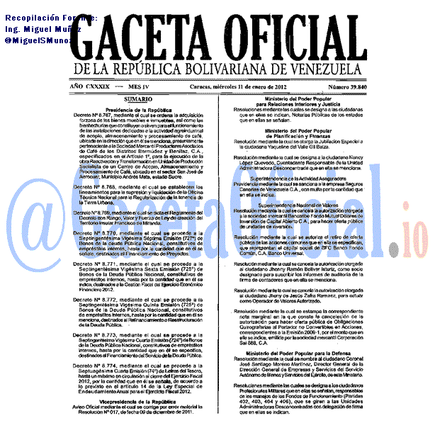 Gaceta Oficial 39840 del 11 Enero 2012