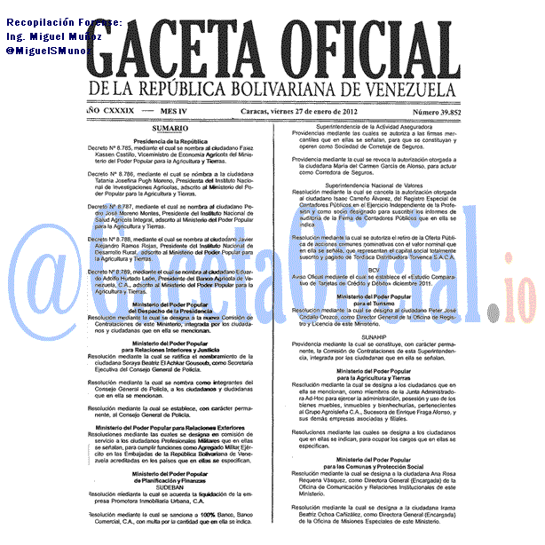 Gaceta Oficial 39852 del 27 Enero 2012