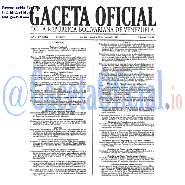 Gaceta Oficial 39854 del 31 Enero 2012