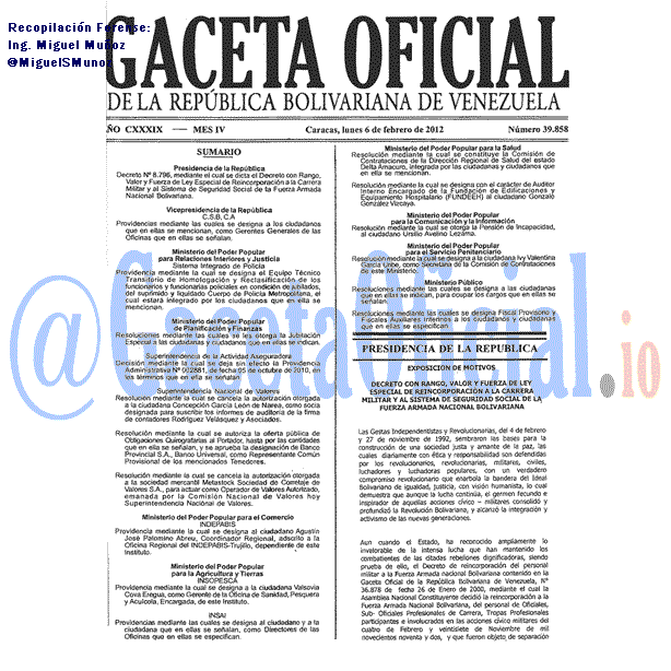 Gaceta Oficial 39858 del 6 Febrero 2012